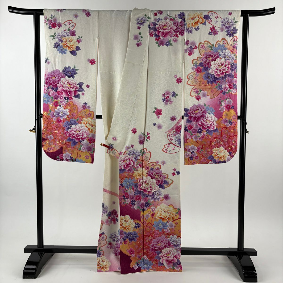 振袖禮服 身長165cm 袖長64cm M 雙層 牡丹花 銀通刺繡 白色 純蠶絲 逸品級