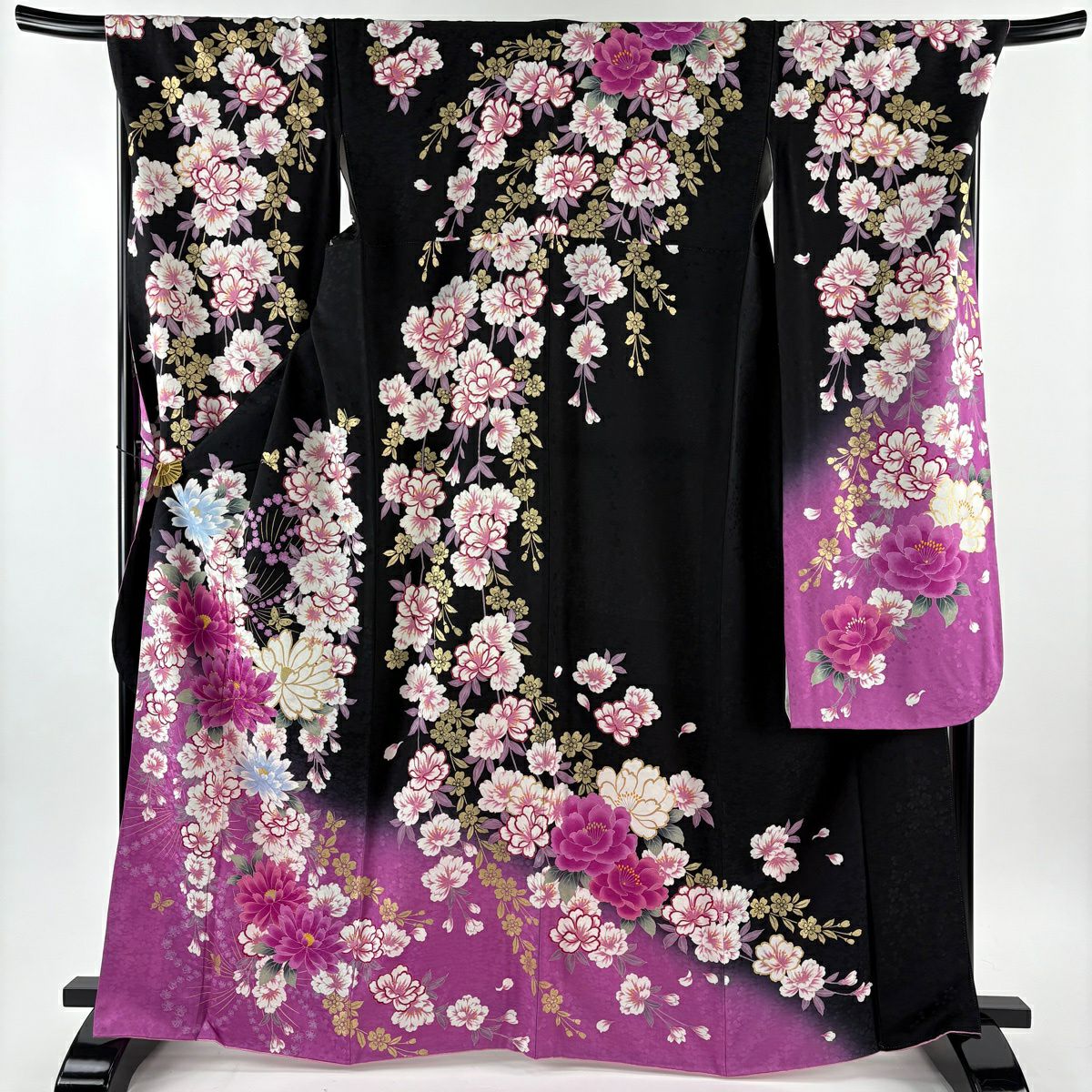 【美品】振袖禮服 身長166cm 袖長70cm L 雙層 草花紋紋 蝶 金金箔 金銀彩 黑 純蠶絲 逸品級