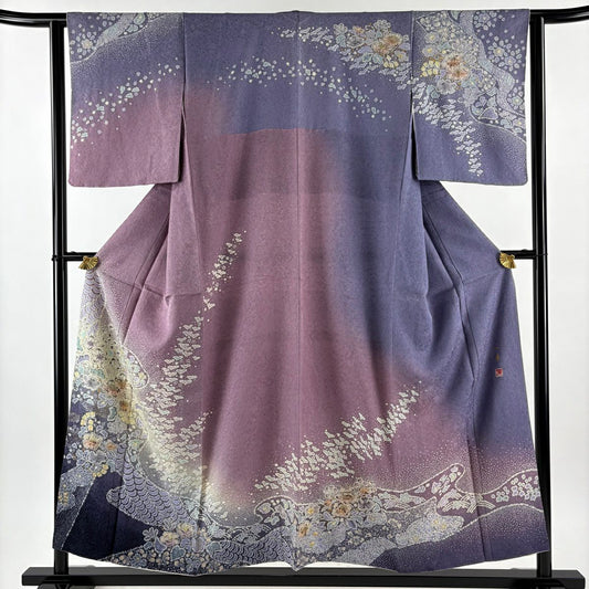 訪問服 身長154.5cm 袖長62.5cm S 雙層 吉乃一廉 有落款 辻花染 霞 銀通 金銀彩 紫 純蠶絲 逸品級