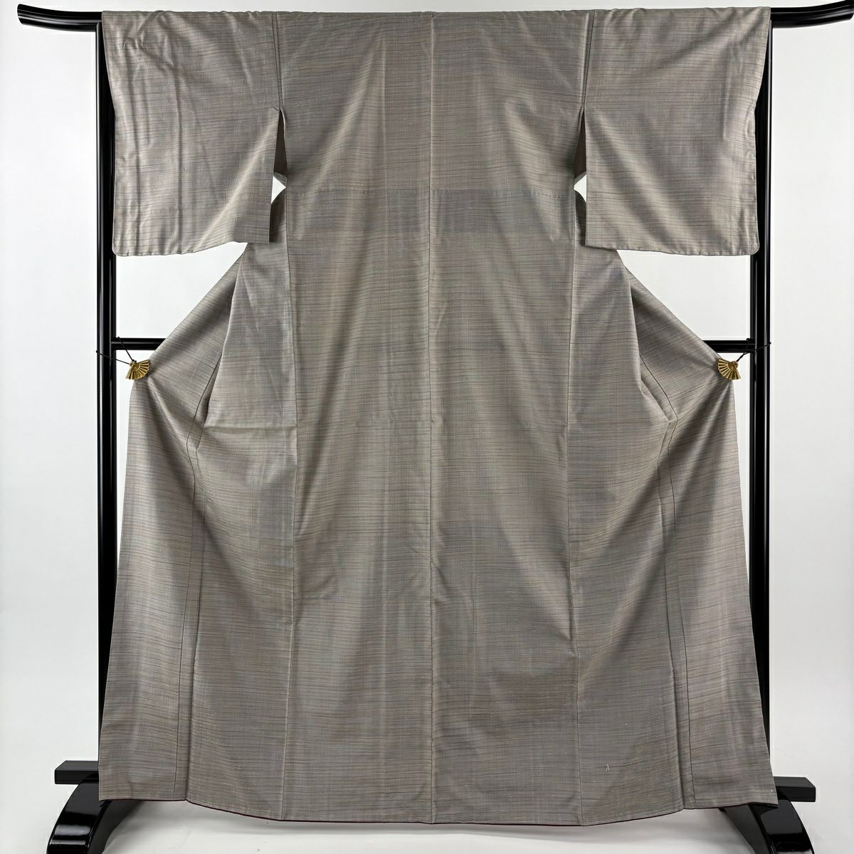 【美品】 塩沢紬織 身長166cm 袖長66cm M 雙層 紫陽花染 證書あり 橫條 灰茶 純蠶絲 逸品級