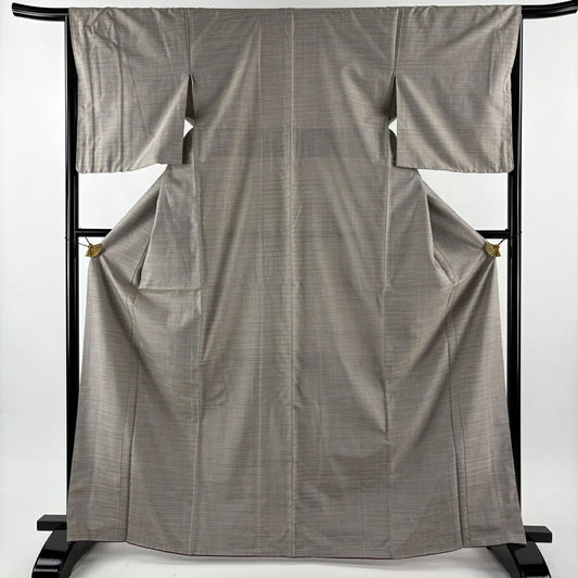 【美品】 塩沢紬織 身長166cm 袖長66cm M 雙層 紫陽花染 證書あり 橫條 灰茶 純蠶絲 逸品級