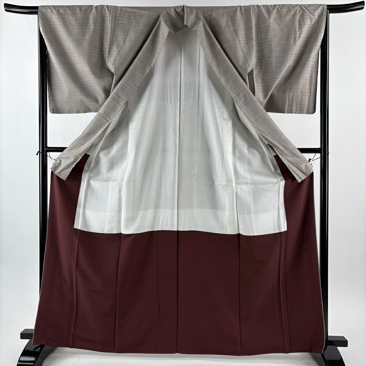 【美品】 塩沢紬織 身長166cm 袖長66cm M 雙層 紫陽花染 證書あり 橫條 灰茶 純蠶絲 逸品級