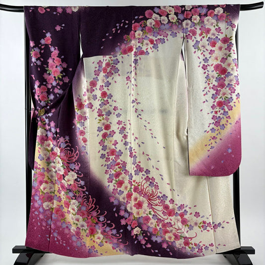 振袖禮服 身長161cm 袖長68cm L 雙層 櫻花 亂菊花 銀通刺繡 紫 純蠶絲 逸品級