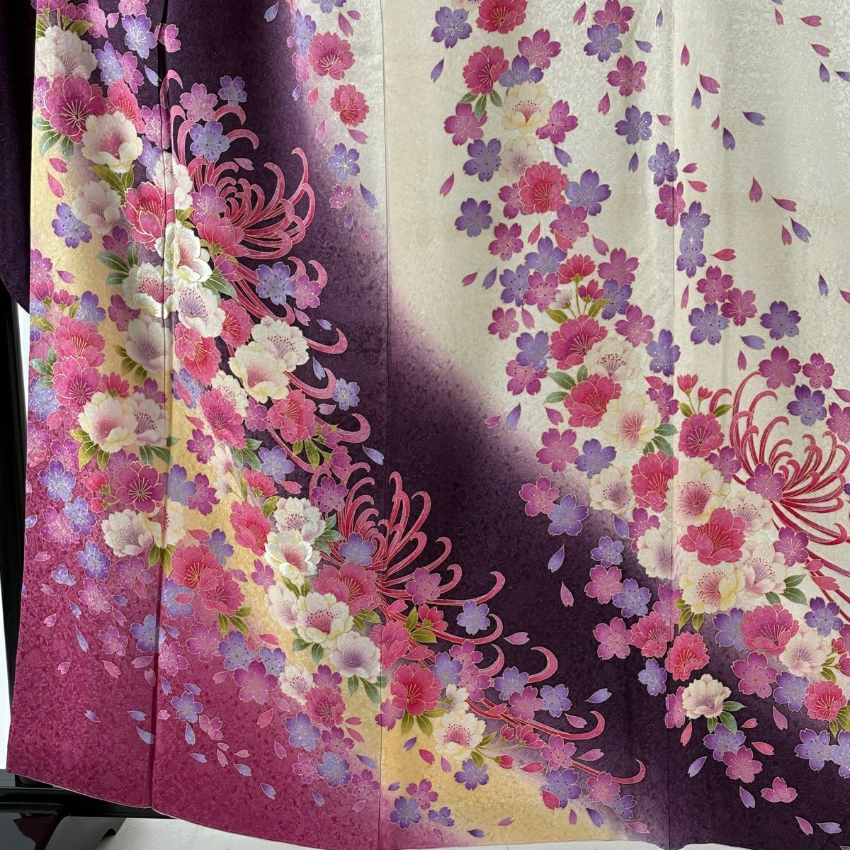 振袖禮服 身長161cm 袖長68cm L 雙層 櫻花 亂菊花 銀通刺繡 紫 純蠶絲 逸品級