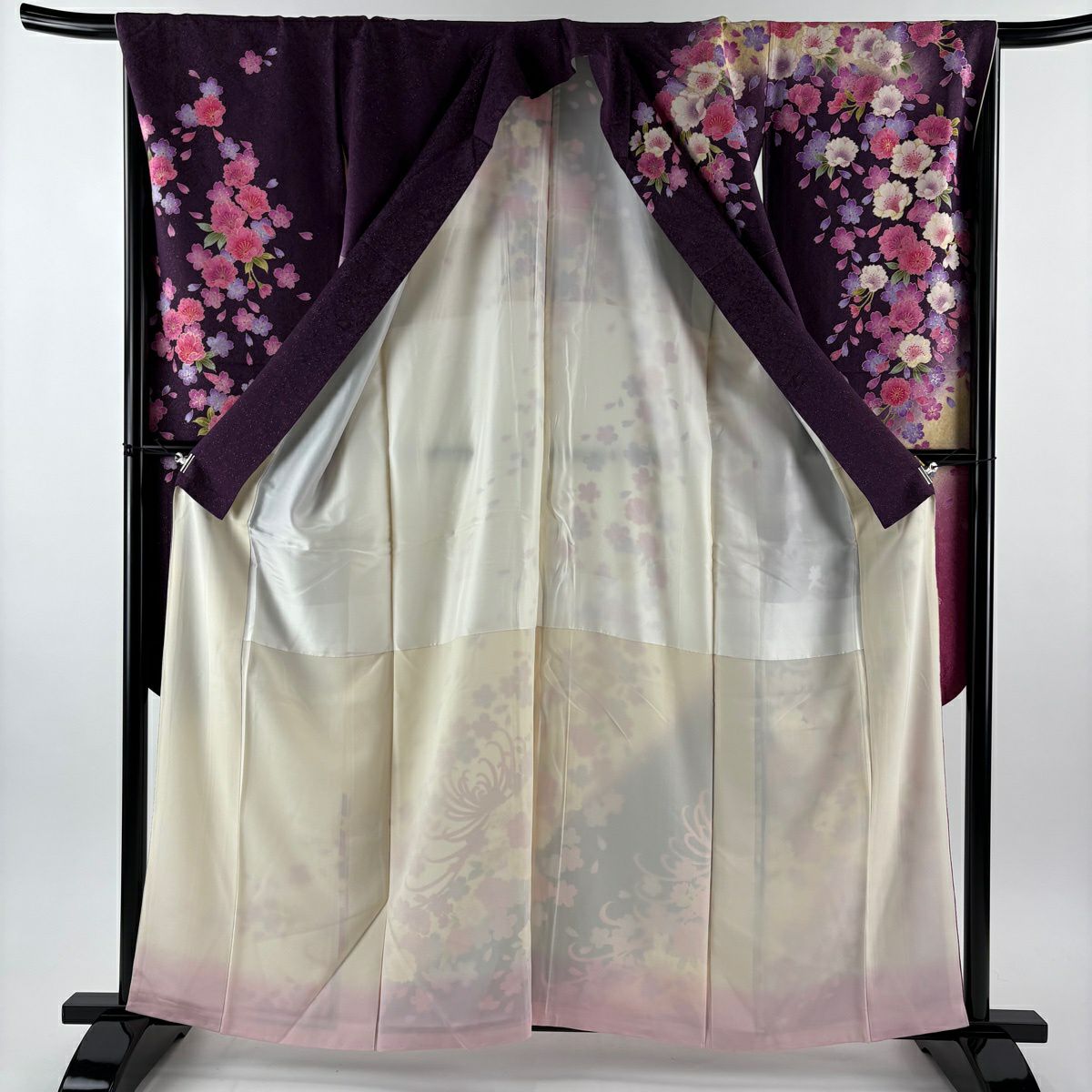 振袖禮服 身長161cm 袖長68cm L 雙層 櫻花 亂菊花 銀通刺繡 紫 純蠶絲 逸品級