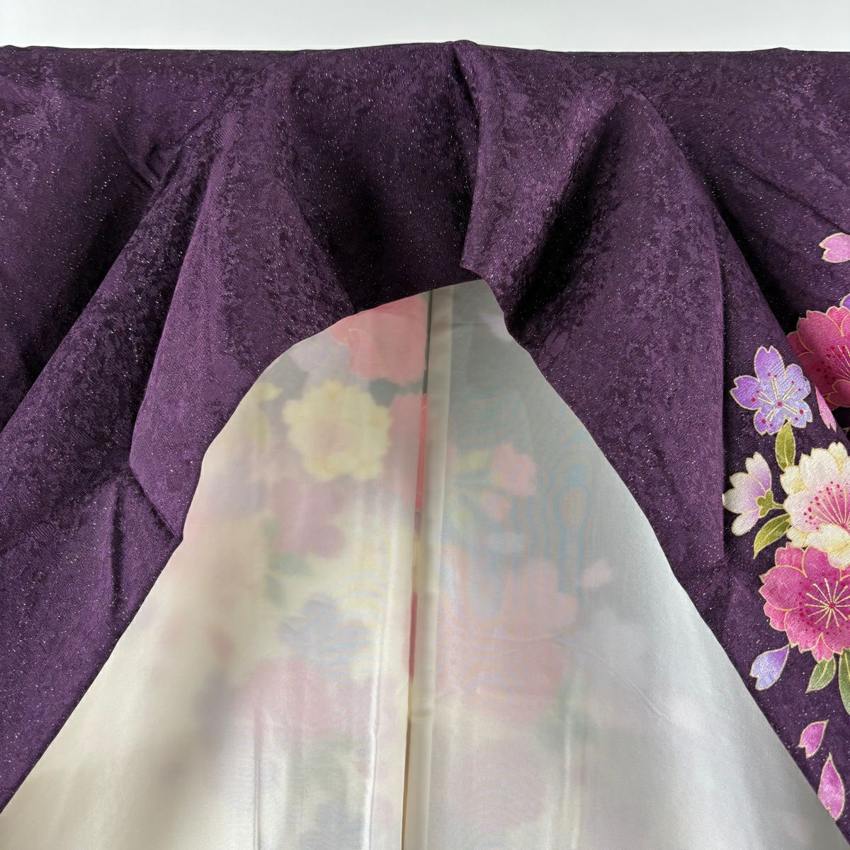 振袖禮服 身長161cm 袖長68cm L 雙層 櫻花 亂菊花 銀通刺繡 紫 純蠶絲 逸品級
