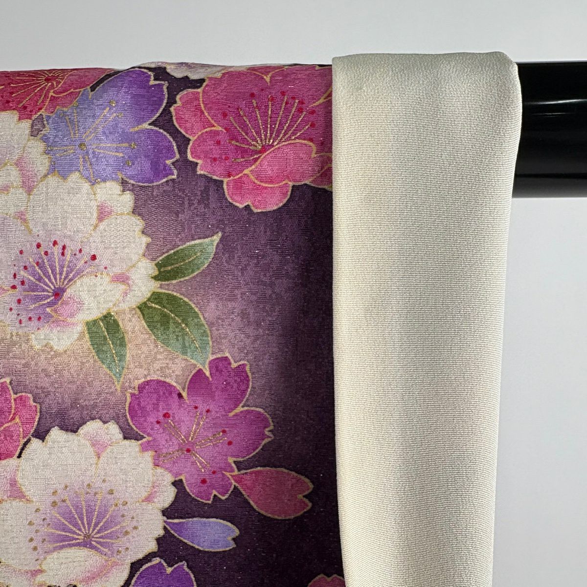 振袖禮服 身長161cm 袖長68cm L 雙層 櫻花 亂菊花 銀通刺繡 紫 純蠶絲 逸品級