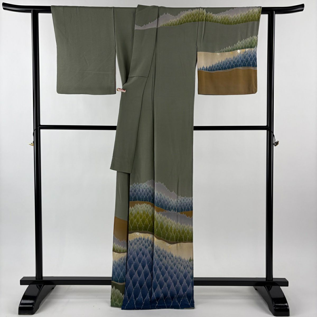 訪問服 身長166cm 袖長65.5cm M 雙層 落款 樹木 山 金銀彩 漸層 灰綠 純蠶絲 逸品級