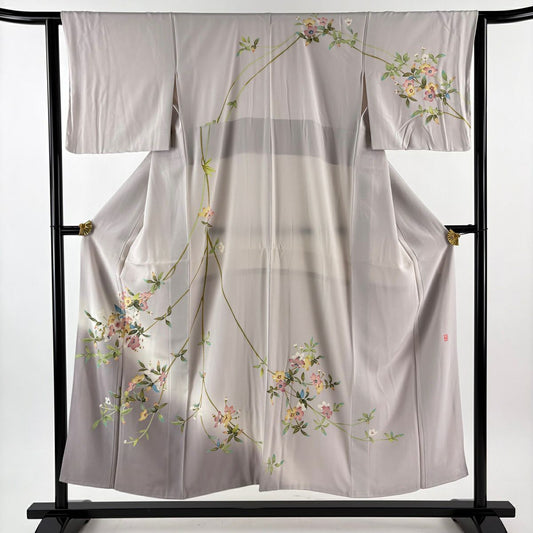 訪問服 身長152.5cm 袖長62cm S 雙層 加賀友禪 和泉衛知 落款あり 枝花 裾暈染 薄小豆 純蠶絲 逸品級
