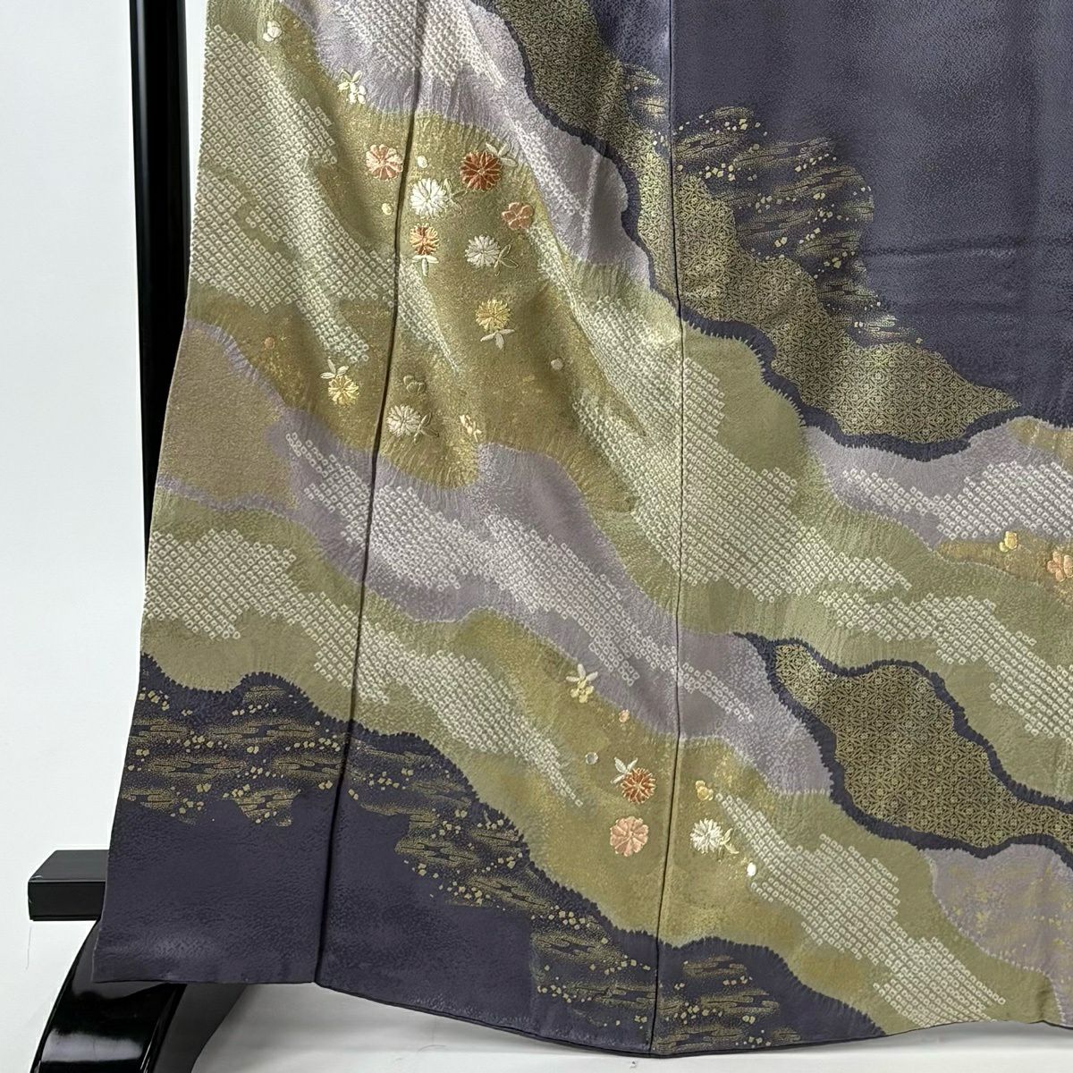 訪問服 身長165.5cm 袖長66cm M 雙層 菊花 霞 刺繡 絞染 紫 純蠶絲 逸品級