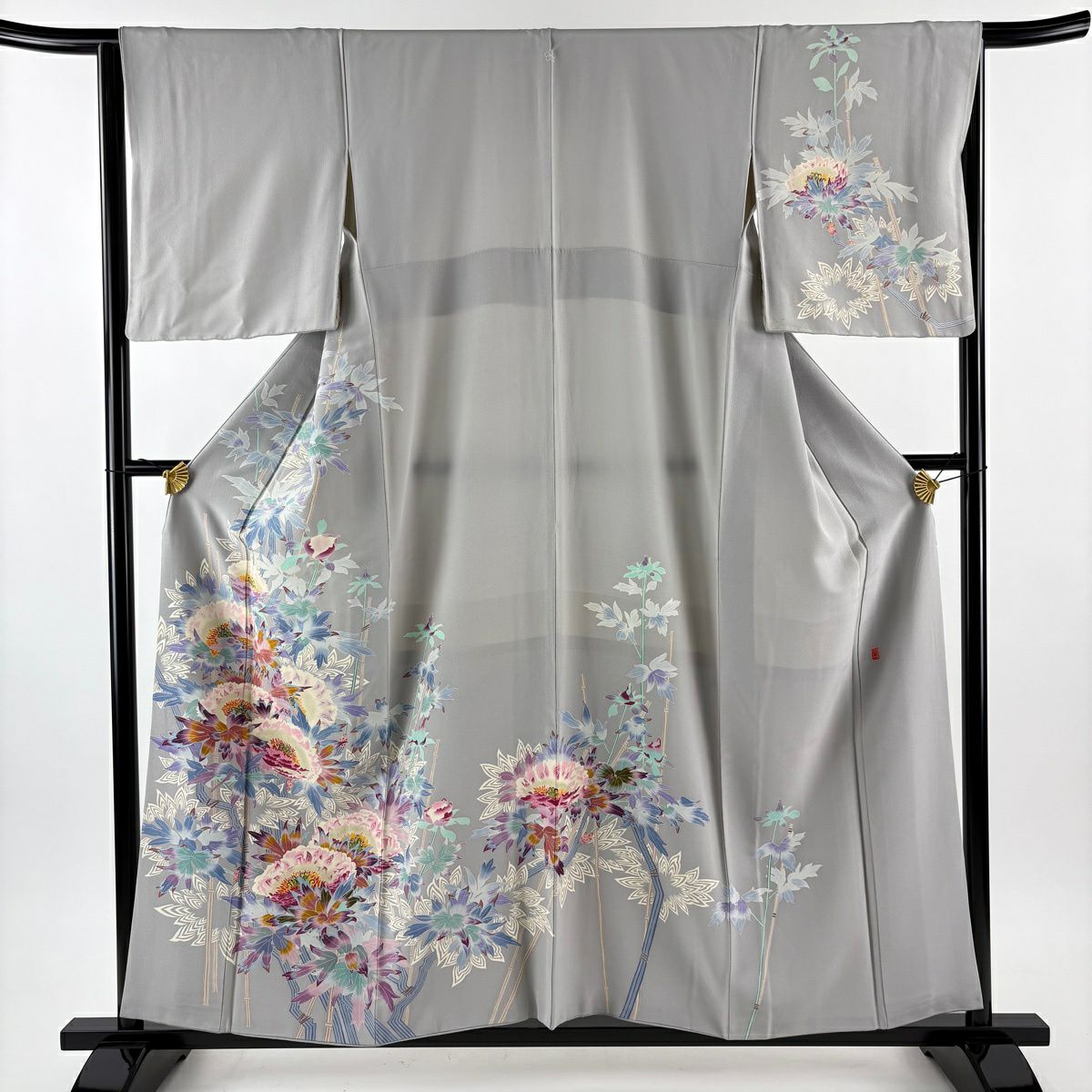 訪問服 身長157.5cm 袖長64cm M 雙層 村田雪司 落款あり 草花紋紋 灰 純蠶絲 逸品級 一つ紋