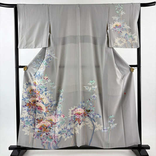 訪問服 身長157.5cm 袖長64cm M 雙層 村田雪司 落款あり 草花紋紋 灰 純蠶絲 逸品級 一つ紋