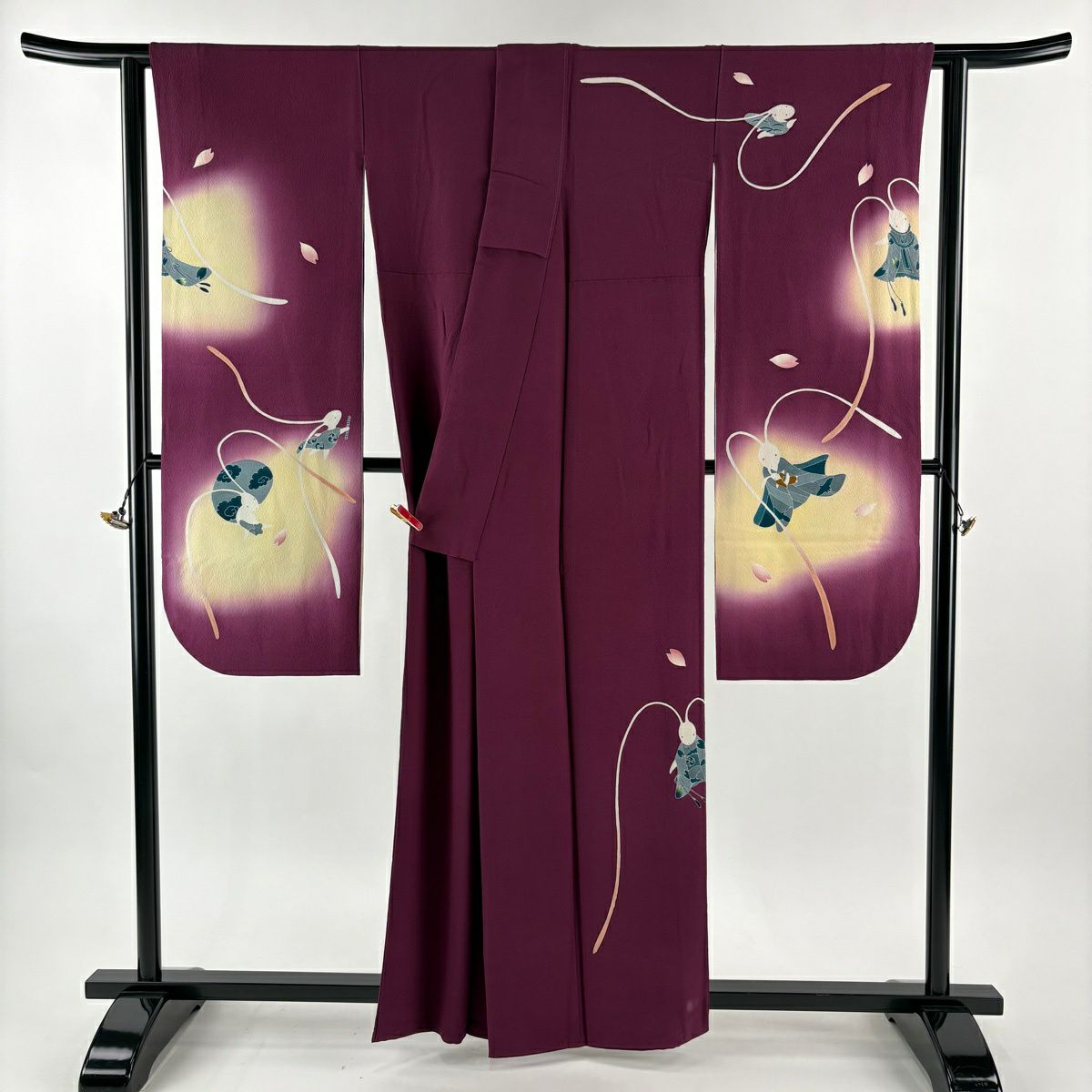 振袖禮服 身長161cm 袖長64.5cm M 雙層 辻村ジュサブロー 有落款 兔子 花瓣 刺繡 紅紫 純蠶絲 逸品級