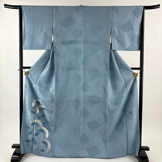 付下 身長169.5cm 袖長64cm M 雙層 藤林德扇子 落款 菊花 幾何圖案 銀通 銀銀彩 水藍色 純蠶絲 逸品級