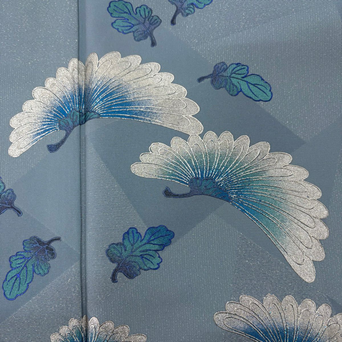 付下 身長169.5cm 袖長64cm M 雙層 藤林德扇子 落款 菊花 幾何圖案 銀通 銀銀彩 水藍色 純蠶絲 逸品級