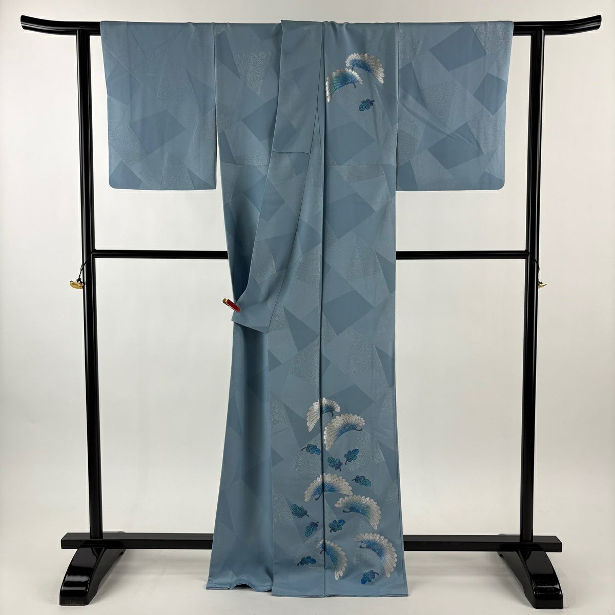 付下 身長169.5cm 袖長64cm M 雙層 藤林德扇子 落款 菊花 幾何圖案 銀通 銀銀彩 水藍色 純蠶絲 逸品級
