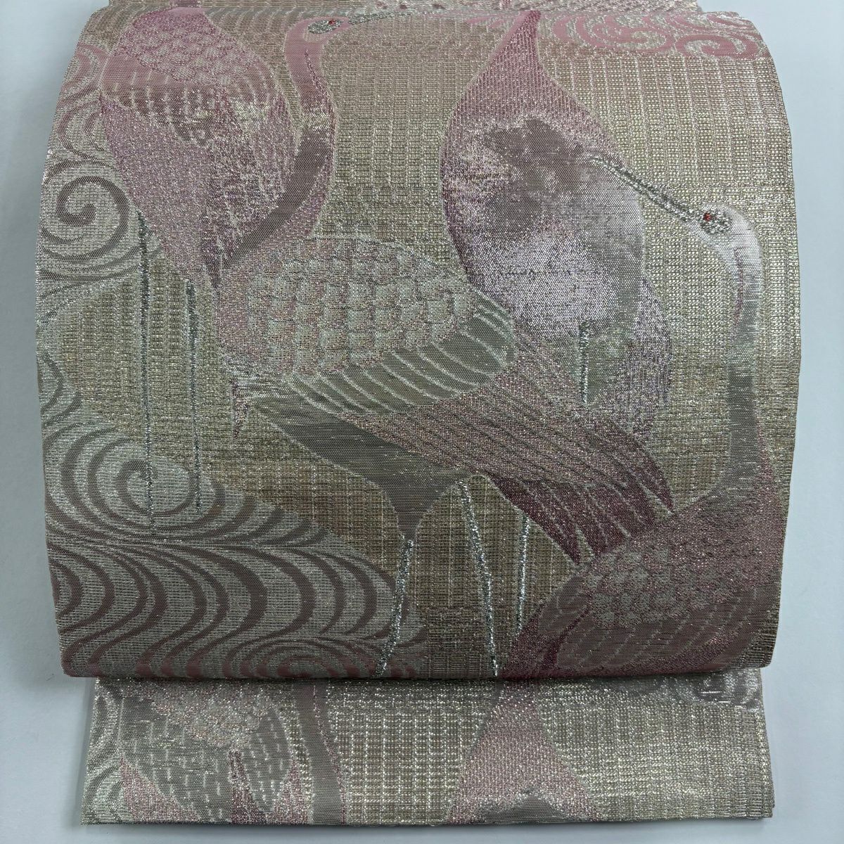 【美品】 袋帶 逸品級 仙鶴 流水 金銀彩 粉紅 六通 純蠶絲
