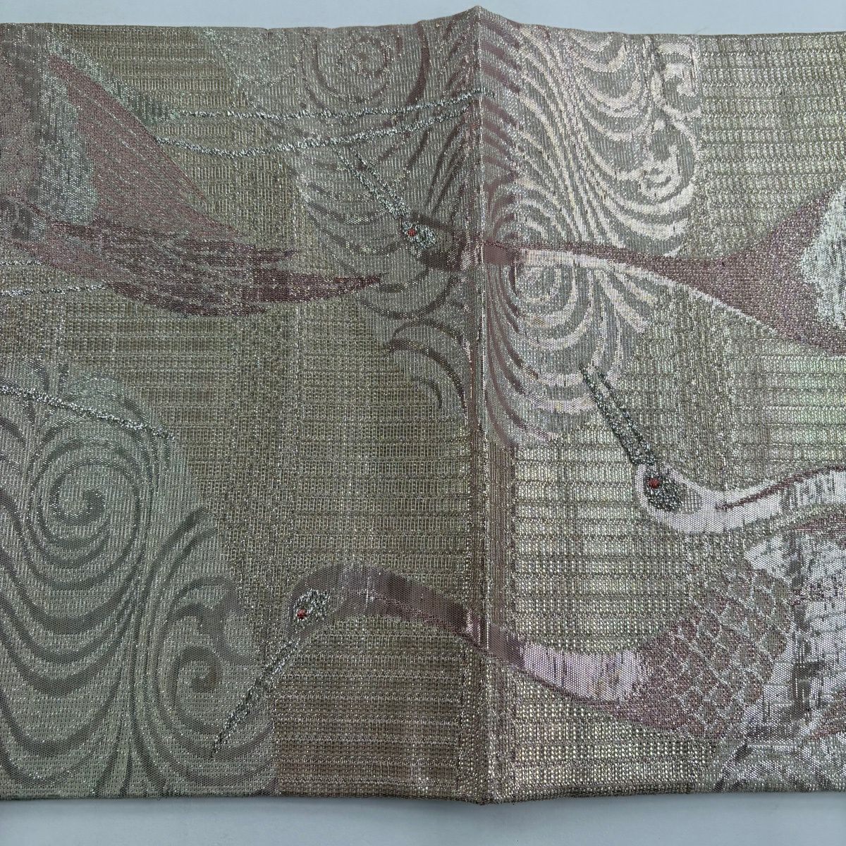 【美品】 袋帶 逸品級 仙鶴 流水 金銀彩 粉紅 六通 純蠶絲