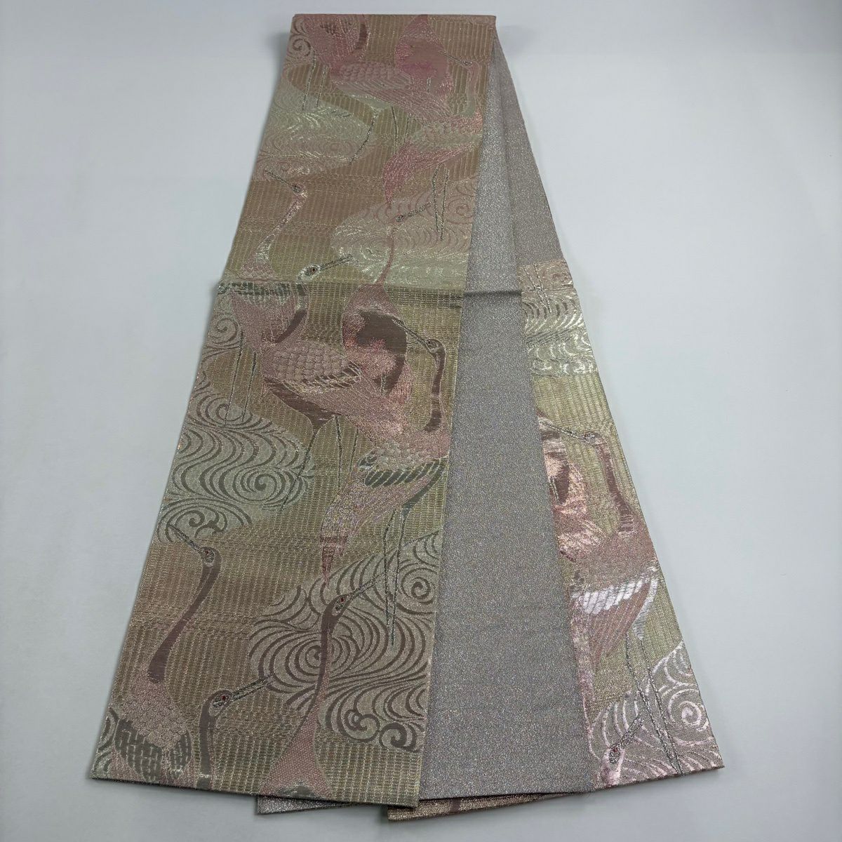 【美品】 袋帶 逸品級 仙鶴 流水 金銀彩 粉紅 六通 純蠶絲