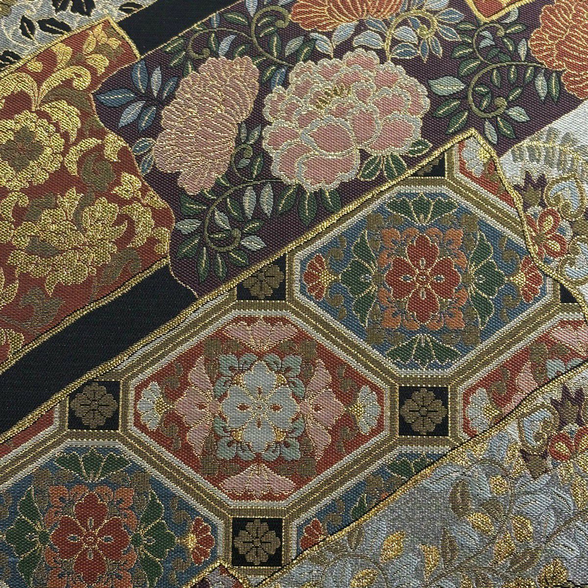 【美品】 袋帶 逸品級 壹千八百超極細織 斜裂割付文 金糸 金金箔 黑 六通 純蠶絲