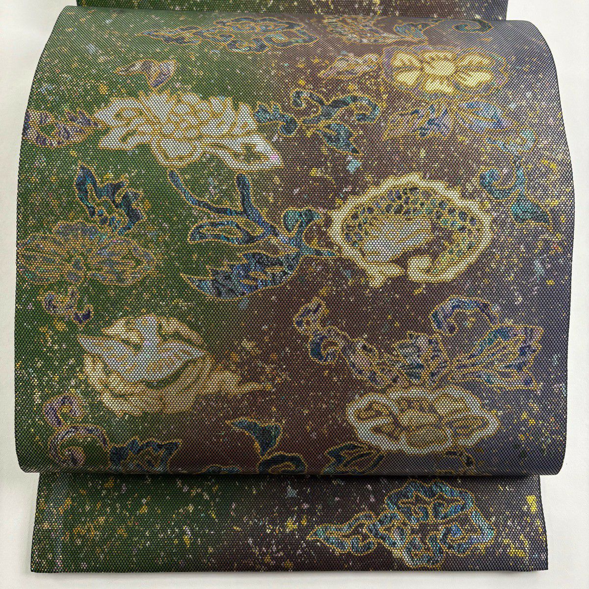 【美品】 袋帶 逸品級 落款あり 伝統金箔匠 木村幸啓 花唐草紋 鳥 螺鈿金箔 金銀彩 茶紫 お太鼓柄 純蠶絲