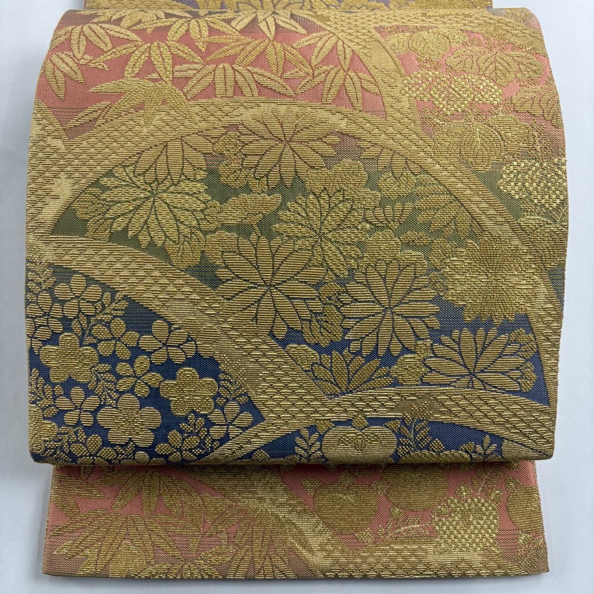 袋帶 逸品級 鈴乃屋 能衣青海取菊花笹紋樣 金絲 金茶 全通 純蠶絲