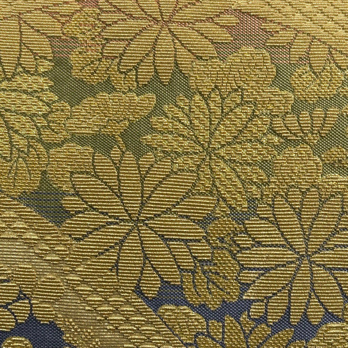 袋帶 逸品級 鈴乃屋 能衣青海取菊花笹紋樣 金絲 金茶 全通 純蠶絲