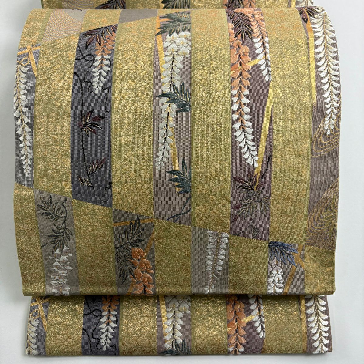 【美品】 袋帶 逸品級 證書齊全 藤格子 金金箔 灰綠 六通 純蠶絲