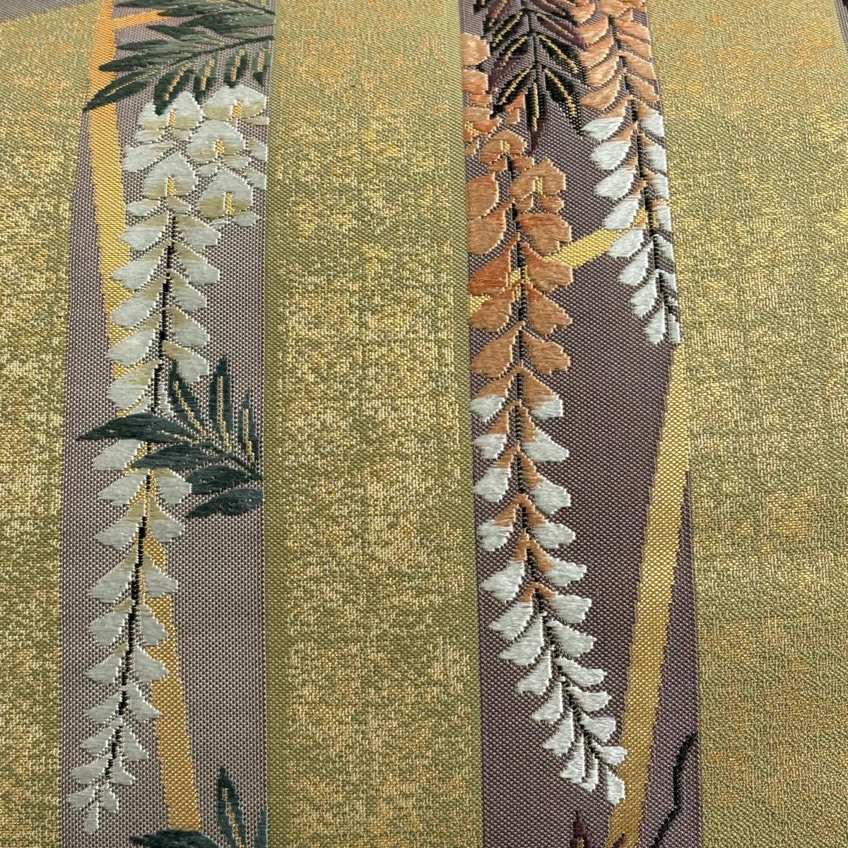 【美品】 袋帶 逸品級 證書齊全 藤格子 金金箔 灰綠 六通 純蠶絲