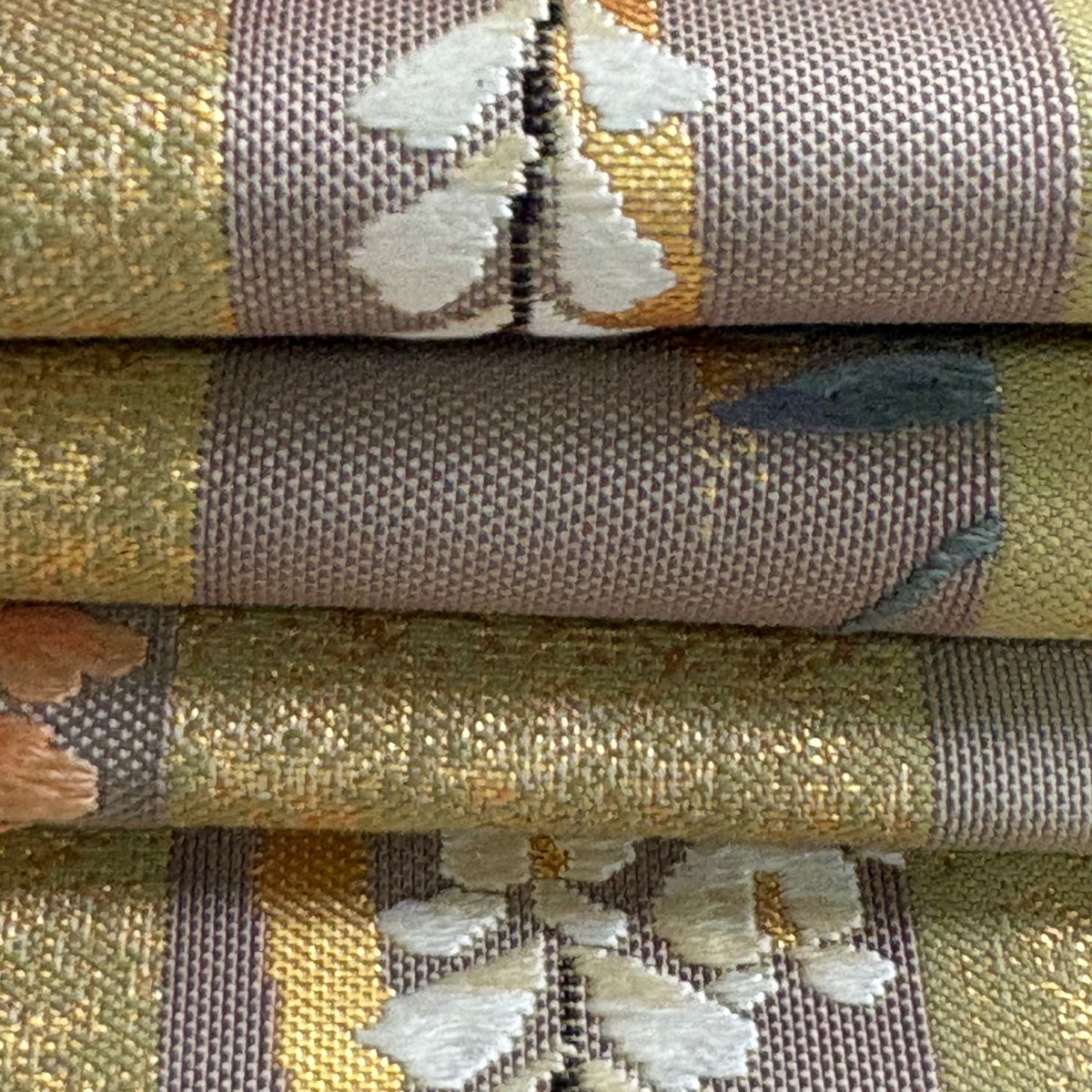 【美品】 袋帶 逸品級 證書齊全 藤格子 金金箔 灰綠 六通 純蠶絲