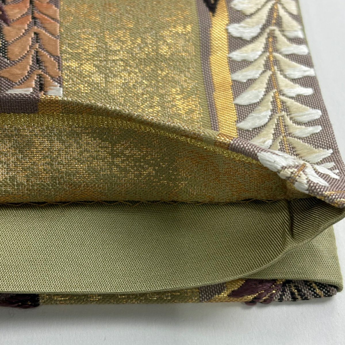 【美品】 袋帶 逸品級 證書齊全 藤格子 金金箔 灰綠 六通 純蠶絲