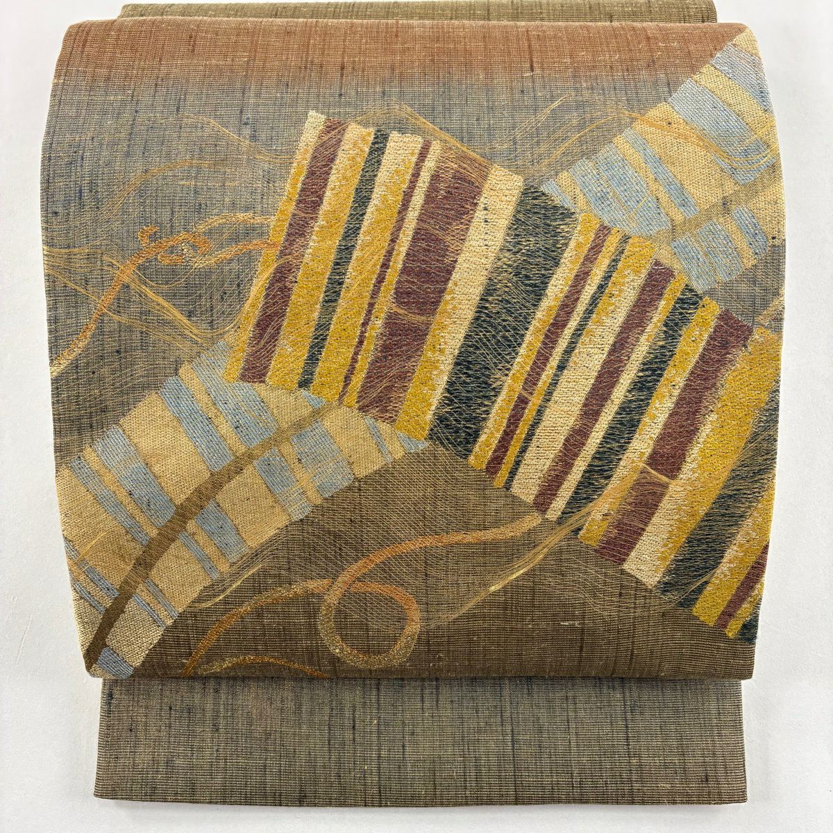 【美品】 袋帶 逸品級 幾何圖案 金絲 淺茶 細帶圖案 純蠶絲
