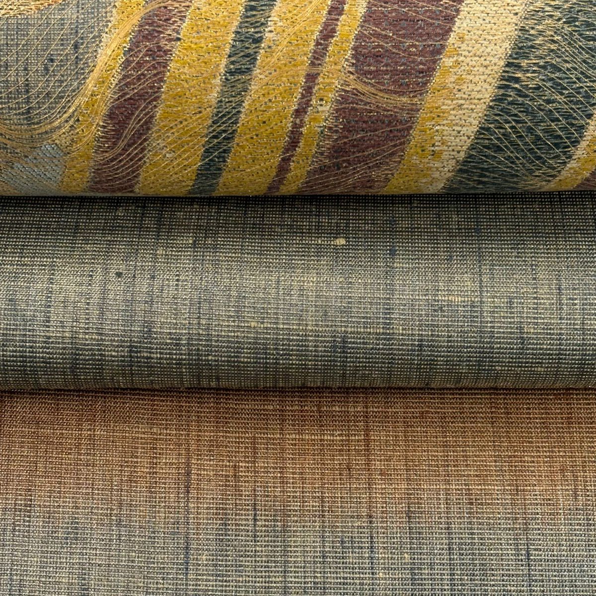 【美品】 袋帶 逸品級 幾何圖案 金絲 淺茶 細帶圖案 純蠶絲
