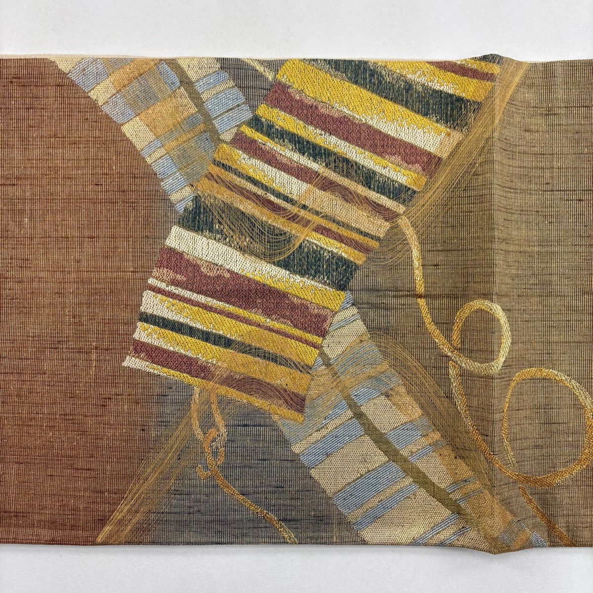 【美品】 袋帶 逸品級 幾何圖案 金絲 淺茶 細帶圖案 純蠶絲