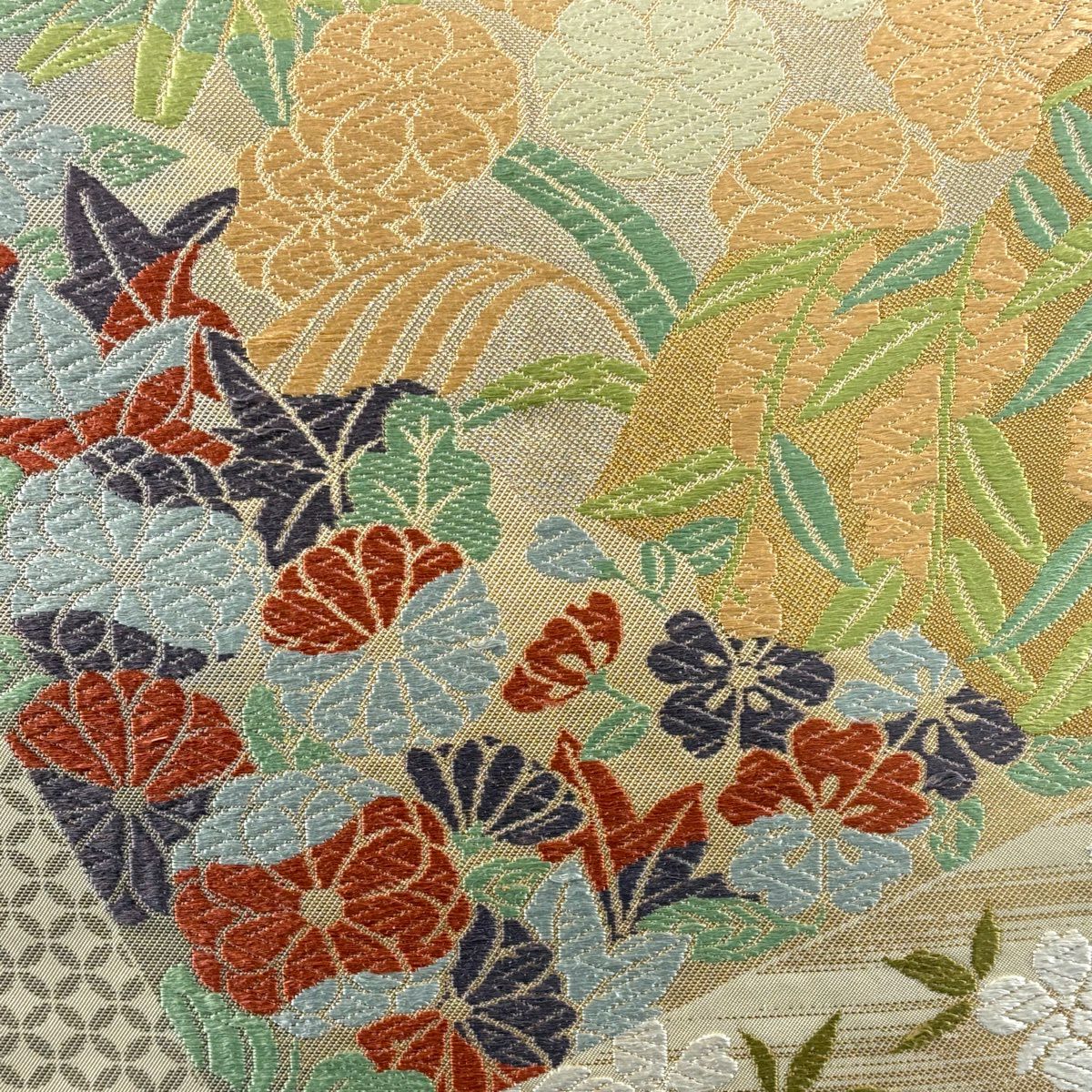 袋帶 逸品級 川島織物 落款 草花紋紋 七寶紋 唐織 金金箔 米色 六通 純蠶絲