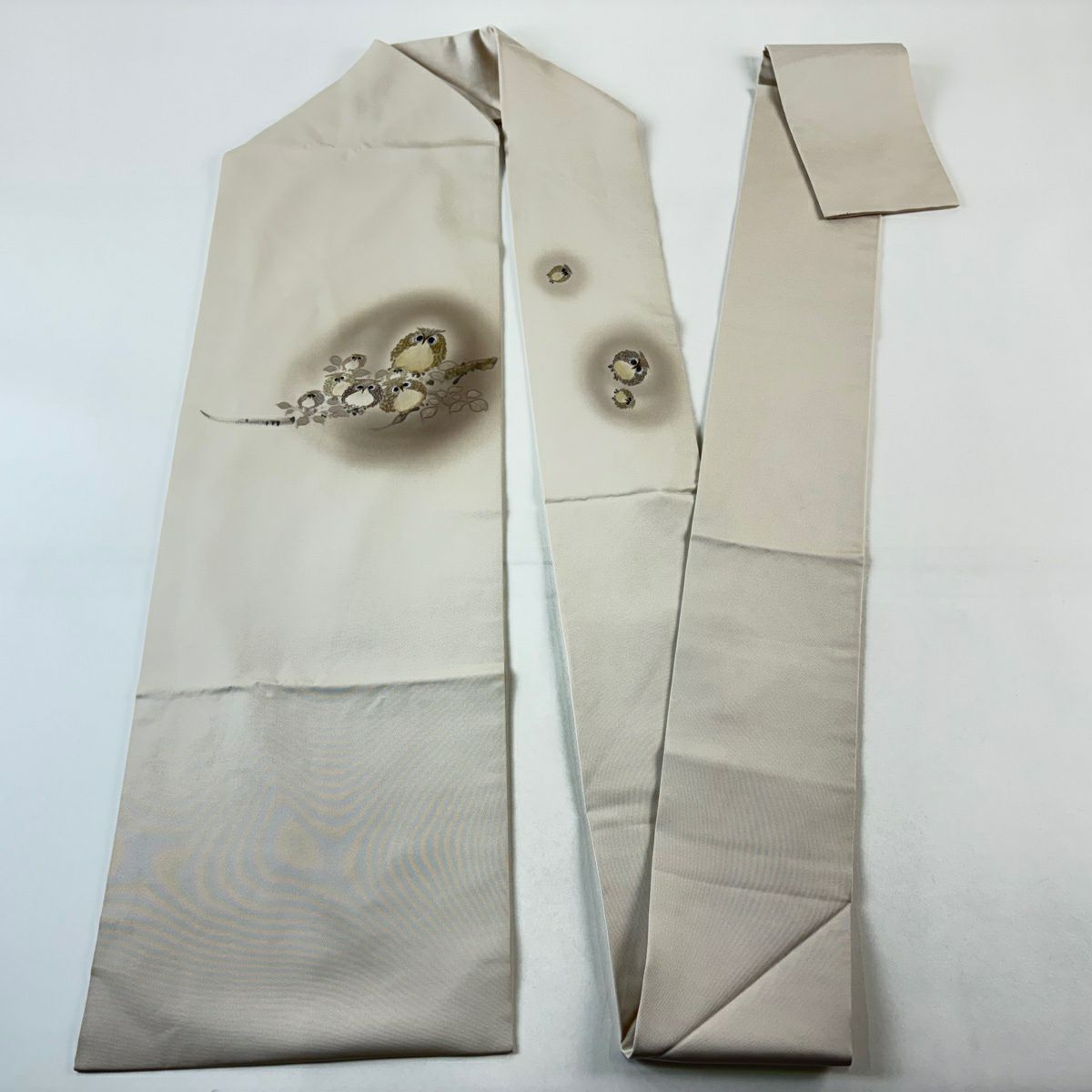 名古屋帶 逸品級 貓頭鷹 枝葉 灰白 純蠶絲