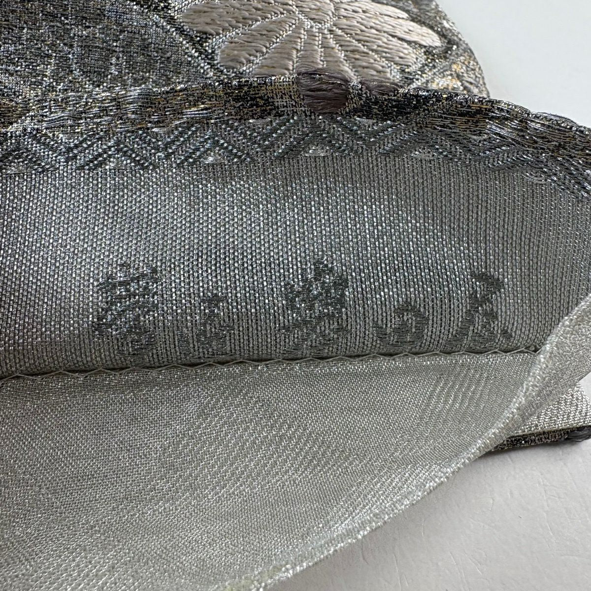 【美品】 袋帶 逸品級 菊花 菱 金金箔 銀 六通 純蠶絲