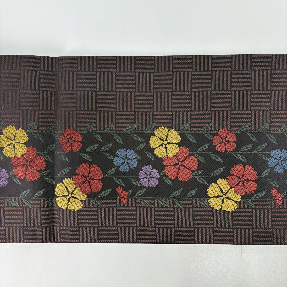 袋帶 優品級 草花紋紋 格子 唐織 茶紫 純蠶絲