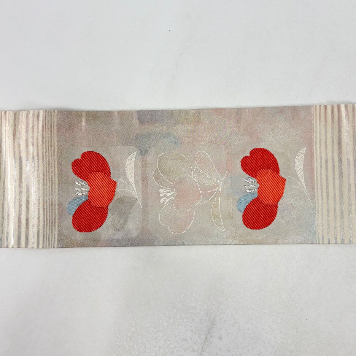 名古屋帶 優品級 草花紋紋 縞紋 銀金箔 奶油色 純蠶絲