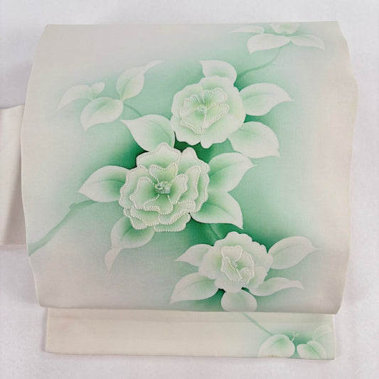 名古屋帶 優品級 草花紋紋 相良刺繡 漸層 綠 純蠶絲
