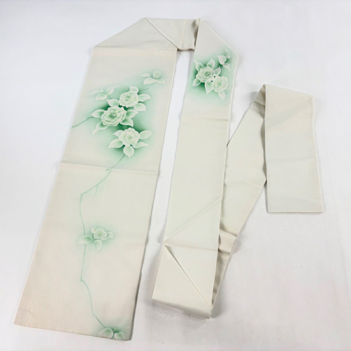 名古屋帶 優品級 草花紋紋 相良刺繡 漸層 綠 純蠶絲