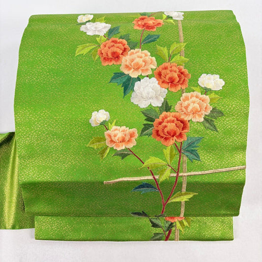 名古屋帶 優品級 枝花 刺繡 金金箔 綠 純蠶絲