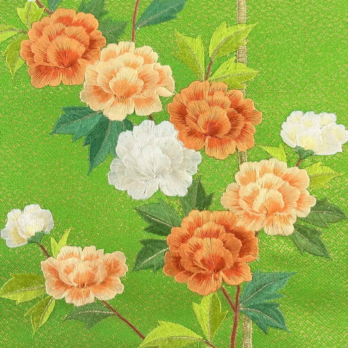 名古屋帶 優品級 枝花 刺繡 金金箔 綠 純蠶絲