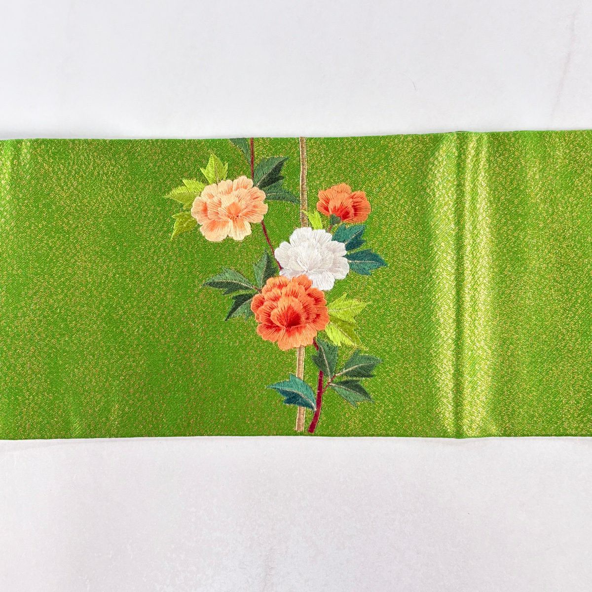 名古屋帶 優品級 枝花 刺繡 金金箔 綠 純蠶絲