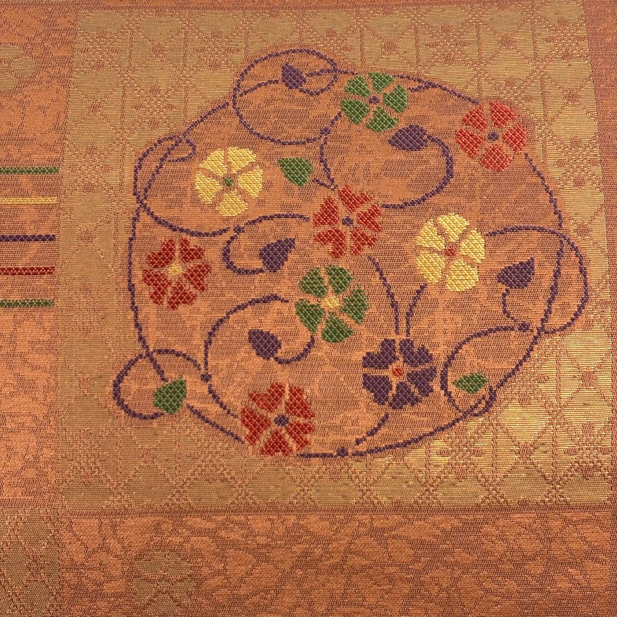 【美品】 名古屋帶 優品級 八寸名古屋帶 花唐草紋 市松樹 金金箔 小豆 純蠶絲