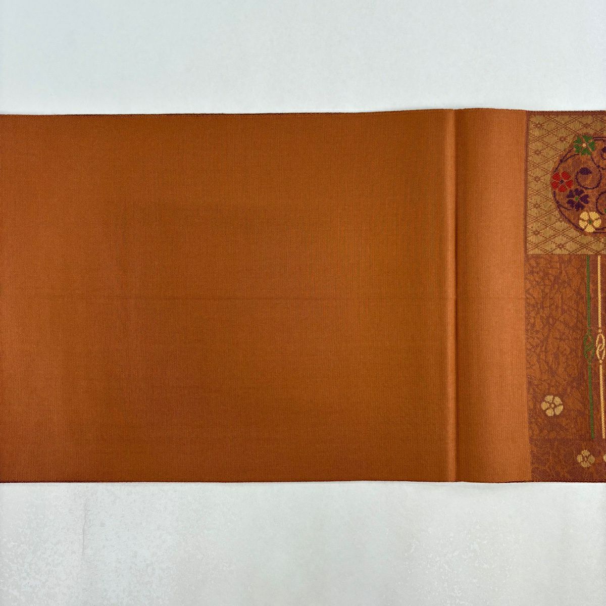 【美品】 名古屋帶 優品級 八寸名古屋帶 花唐草紋 市松樹 金金箔 小豆 純蠶絲