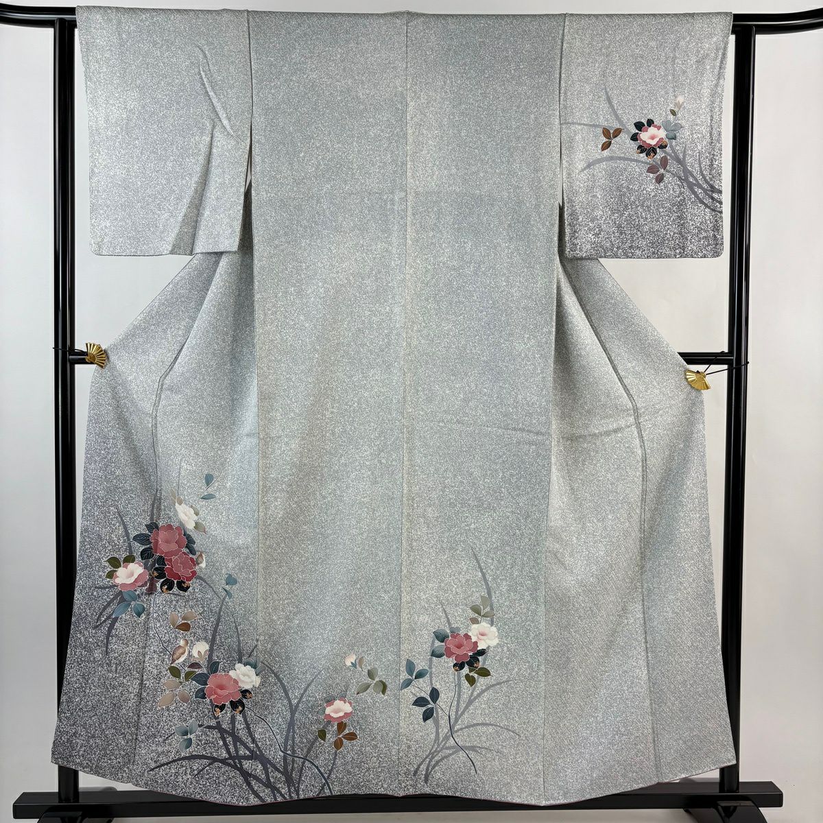 付下 身長155cm 袖長63cm S 雙層 牡丹 鳥 漸層 灰 純蠶絲 優品級