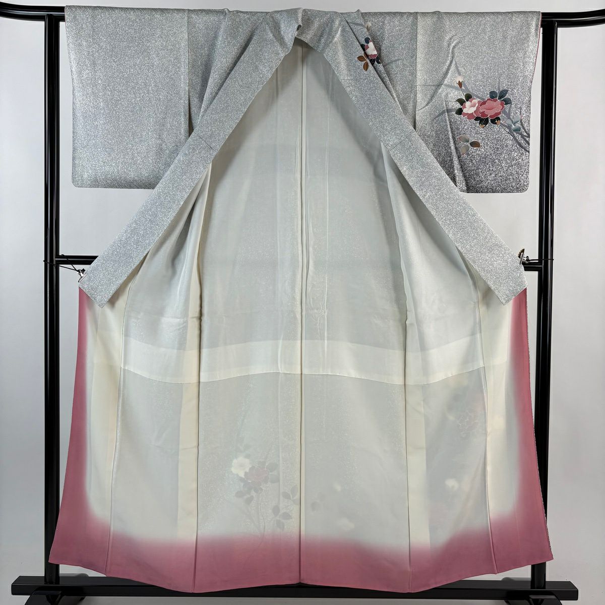 付下 身長155cm 袖長63cm S 雙層 牡丹 鳥 漸層 灰 純蠶絲 優品級