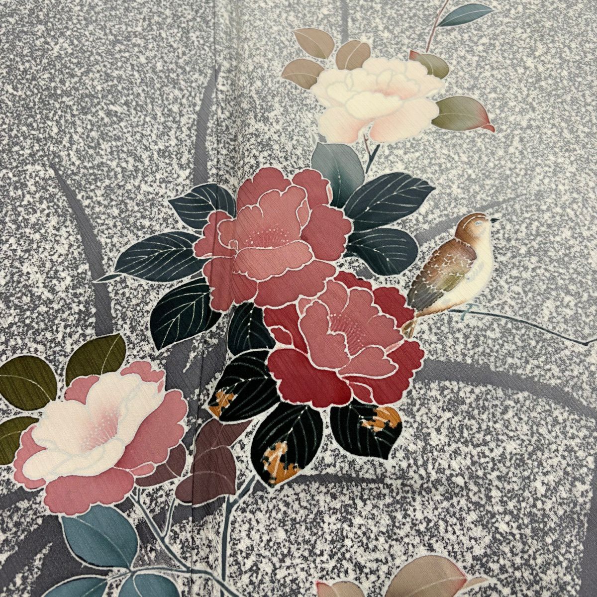 付下 身長155cm 袖長63cm S 雙層 牡丹 鳥 漸層 灰 純蠶絲 優品級