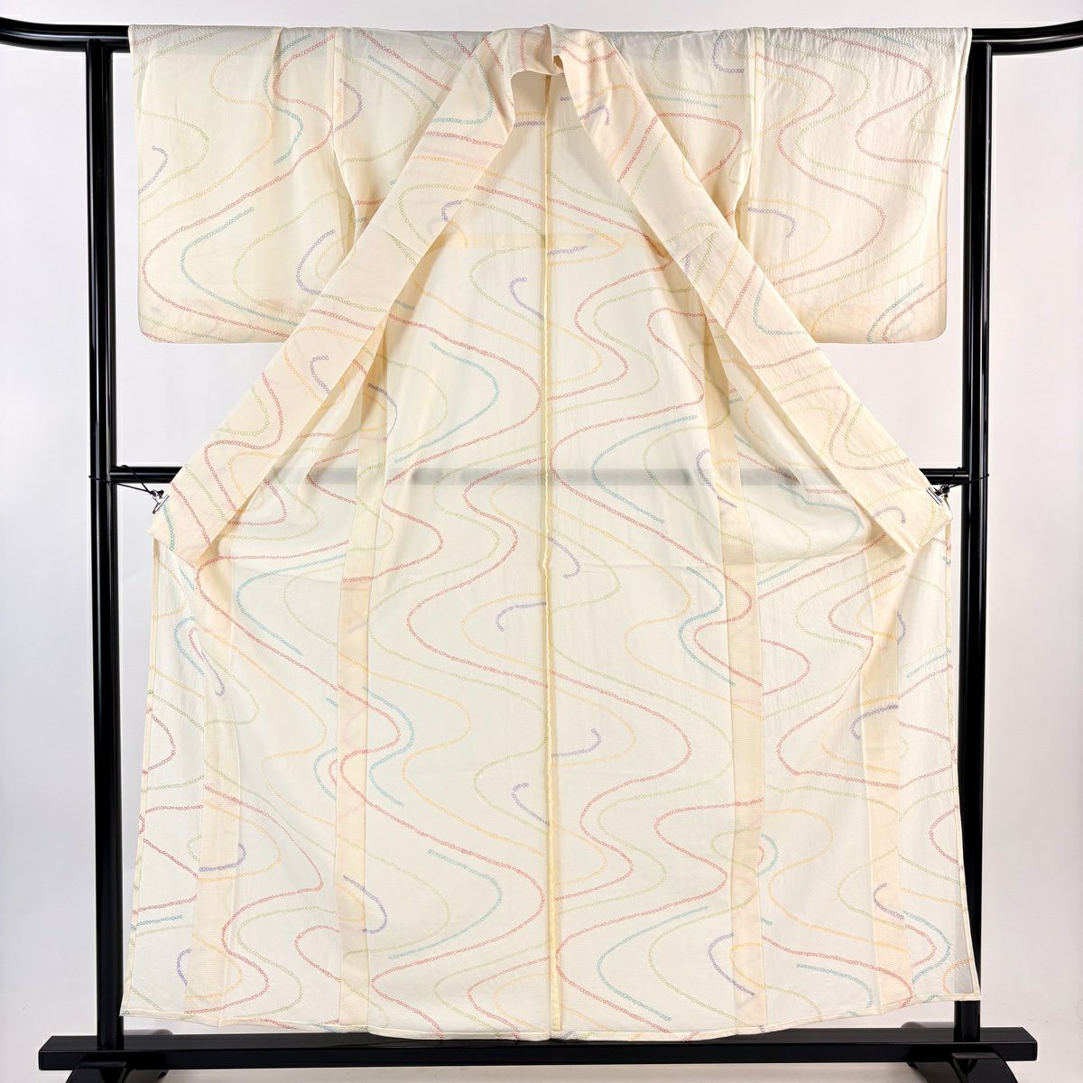 小紋 身長156.5cm 袖長62.5cm S 薄物 絽 流水 絞染 奶油色 純蠶絲 優品級